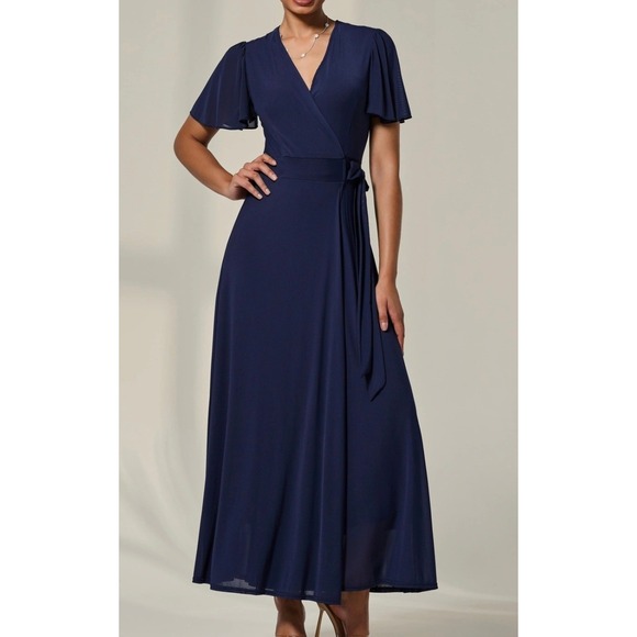 Boohoo Dresses & Skirts - Boohoo Navy Flutter‎ Sleeve Wrap Maxi Dress Formal Evening Party Occasion Sz 8